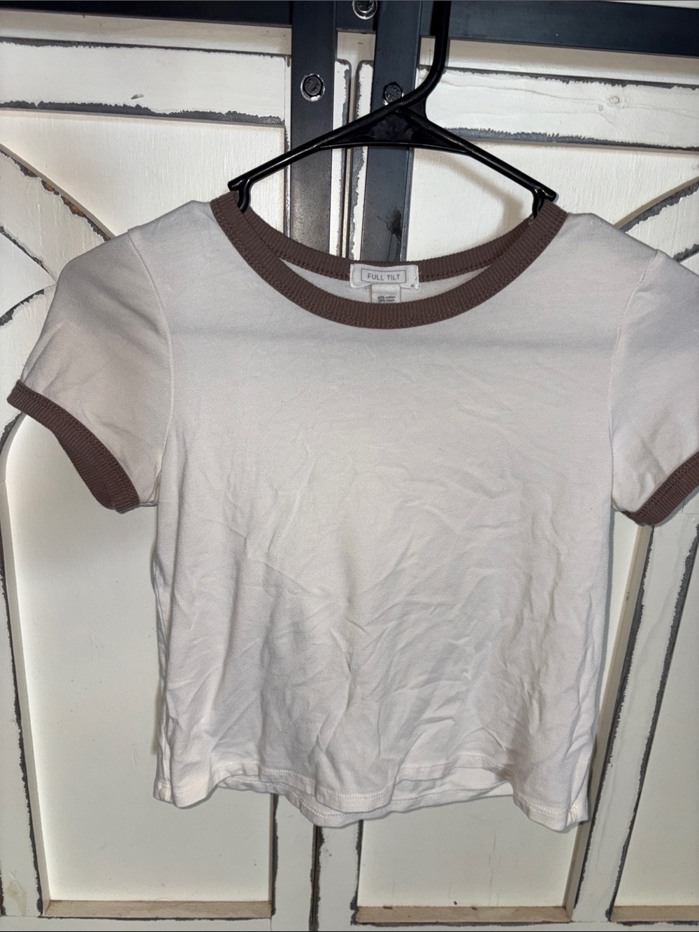 Full Tilt White Ringer Tee with Brown Trim